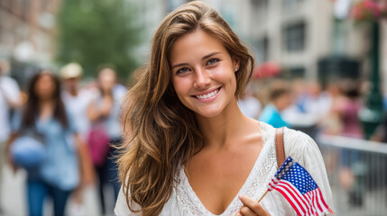 A young happy American woman walks through a city where there are many other people, with a small American flag in her hands, the background is blurred. Election Day in the USA. America Day