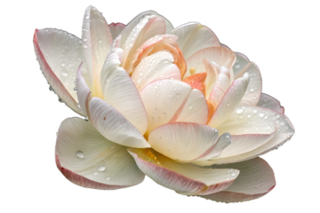 A highly detailed professional photograph of a beautiful white flower with blush pink tips and glistening dewdrops, isolated on a white background.