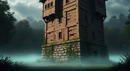 Ancient Wooden Tower on Stone Base Surrounded by Foggy Forest Mystical Atmosphere