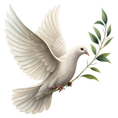 Elegant white dove carrying olive branch symbolizing peace and hope in flight
