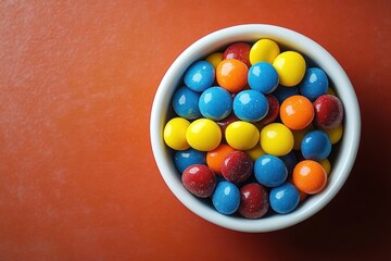 Small white bowl filled with colorful shiny round candy-coated chocolates on an orange background