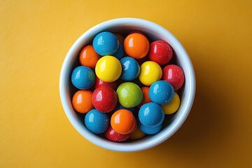 Top view of a white bowl filled with colorful round candies on a yellow background