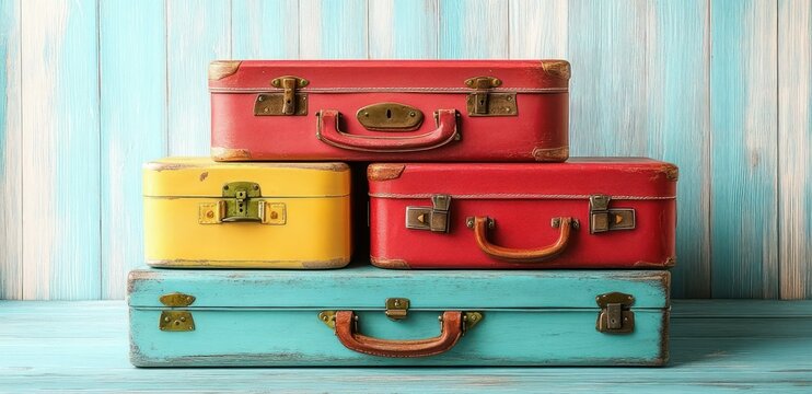 Stack of four vintage colorful suitcases in red, yellow, and turquoise against a weathered wooden blue background evoking nostalgia and travel readiness
