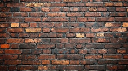 Obraz premium close-up view of a textured brick wall with various shades of red and brown with visible mortar lines