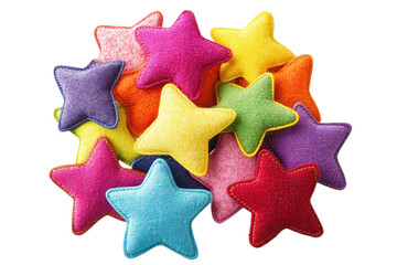 Colorful fabric star patches in a variety of hues arranged playfully on a white background, showcasing creativity and craft materials