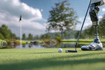 Golfer with prosthetic leg prepares to putt on a sunny day at a picturesque golf course