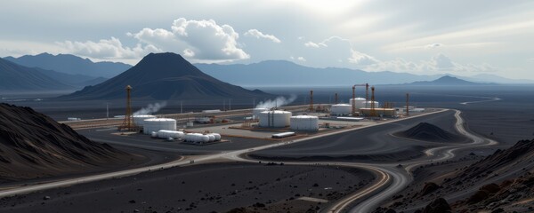 Fototapeta premium crude oil transfer station with pipelines running across barren volcanic landscape under cloudy sky ultra realistic industrial terrain