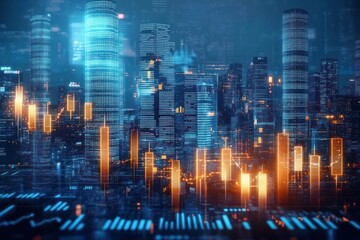 Futuristic city skyline at night illuminated by digital glowing data charts and financial graphs overlaying skyscrapers