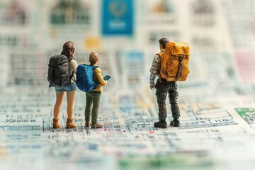 Three miniature figurines with backpacks standing on a detailed map, representing travel planning and exploration