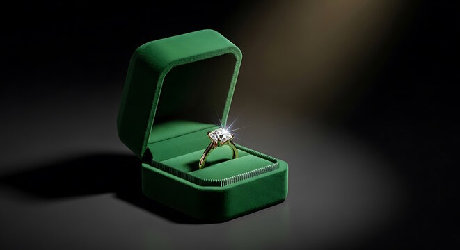 Ultra realistic still life of an open green velvet jewelry box with a gold doamond ring