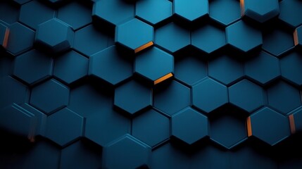 Close-up of a three-dimensional honeycomb pattern with dark blue hexagonal tiles and subtle orange highlights creating a futuristic geometric texture
