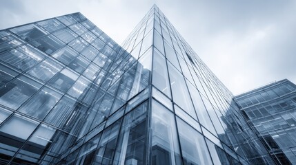 Obraz premium Modern Glass Architecture with Dramatic Skyscrapers and Cloudy Sky in Urban Environment