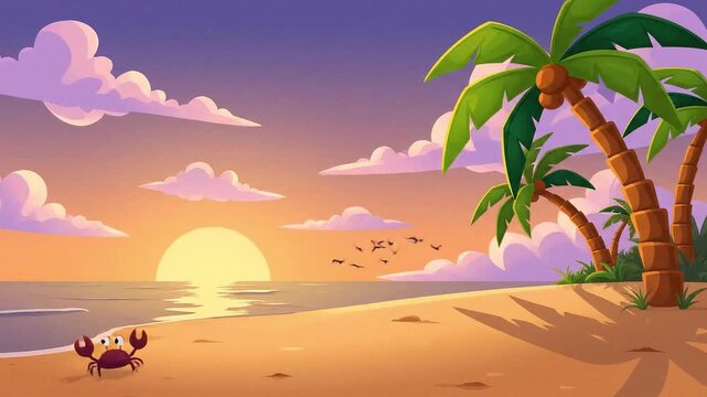 Peaceful tropical beach at sunset with palm trees in charming cartoon style