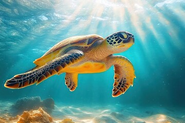 Obraz premium Underwater view of a sea turtle gracefully swimming through sunlit clear blue ocean water above a sandy seabed