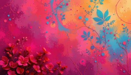 Abstract background pattern with plant matter multicolored background, focusing on themes of triumph in bold magenta tones, subject positioned at the bottom with ample copy space at the top