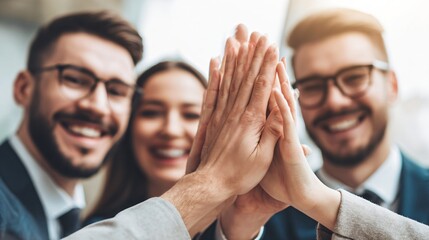 Fototapeta premium A group of smiling men and a woman make a high five hand stack. Business people showing teamwork. Successful collaboration concept.