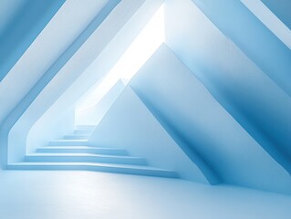 Minimalistic architectural interior with smooth blue angular walls and a softly lit staircase leading upward, evoking calmness and serenity