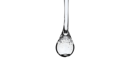 Clear liquid drop with air bubbles suspended in midair on the transparent background, concept of purity, freshness, and minimalism