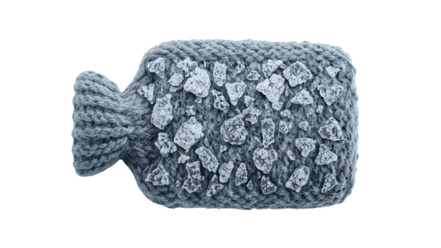 Knitted hot water bottle covered with ice crystals isolated on the transparent backgroundconcept of cold therapy and winter health