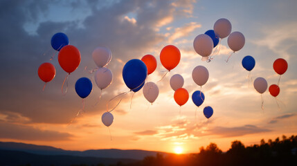 Fototapeta premium A large bunch of balloons in the colors of the American flag against a blue sky, with copy space. Election Day in the USA. America Day. Festive Mood on President's Day