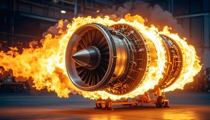 Metallic jet engine emitting bright flames during operation or testing—highlighting raw power, advanced engineering, and the core of aviation propulsion.