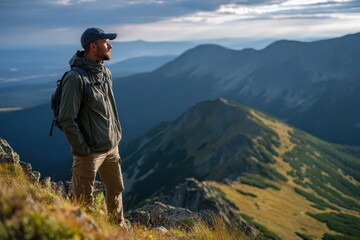 Lonely man enjoying a breathtaking summer view of the mountains while standing on a rocky outcrop under a vast sky filled with soft clouds