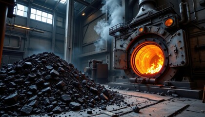 a massive pile of coal sits beside an open furnace door flames inside flicker brightly as waves of heat distort the air in the dark industrial hall heavy machinery standing by to feed the fire