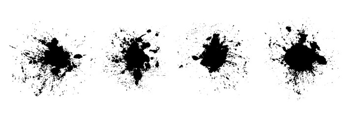 Set of black paint and ink splatters on a white background. Abstract isolated splashes and blotches for use in design, illustrations, and decorative elements.