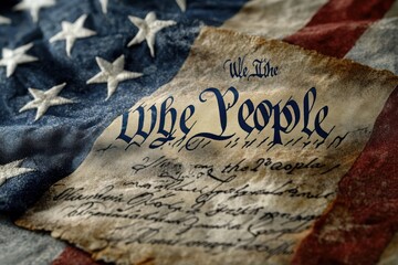 Close-up of the text 'We the People' from a historical document laid on a worn American flag with visible stars and stripes