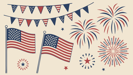 Patriotic american flag fireworks and bunting for independence day celebration vector graphic design element