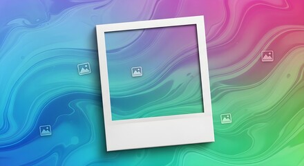 Digital Memory Frame: Blank Instant Photo on a Vibrant Liquid Rainbow Background with Placeholders