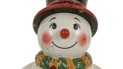 Vintage smiling snowman decoration with top hat and colorful scarf for christmas holiday display