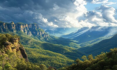 Vast green forested valley surrounded by dramatic rocky cliffs under a cloudy sky with sun rays piercing through, creating a serene and majestic natural landscape