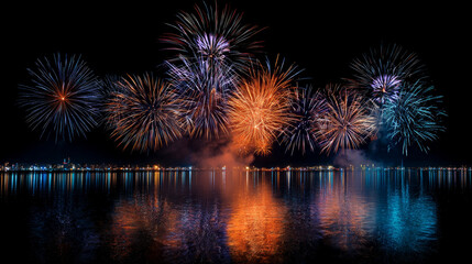 Gorgeous fireworks reflected in the water in the color of the American flag. Election Day in the USA. America Day. Festive Mood on President's Day