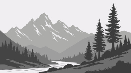 Fototapeta premium Scenic mountain landscape vector illustration with pine trees and river for nature background design asset