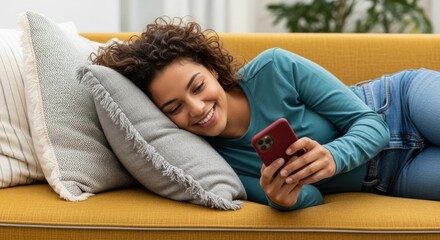 Fototapeta premium Happy woman using her phone while relaxing on a cozy yellow couch, smiling.