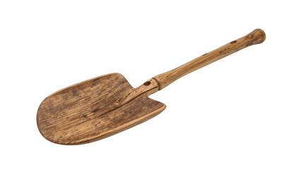 Antique wooden shovel with weathered handle isolated on the transparent background for garden and rustic decor concepts