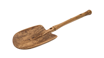 Antique wooden shovel with weathered handle isolated on the transparent background for garden and rustic decor concepts