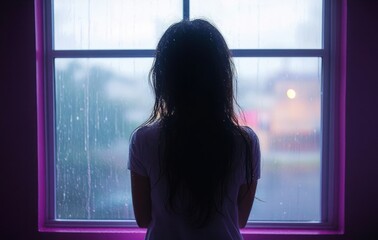 Silhouette of a person with long hair looking out a rain-streaked window, evoking a quiet and contemplative mood