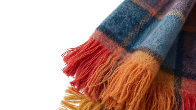 Plaid wool blanket with colorful fringe detail on the transparent background, cozy soft textile design for autumn winter decor