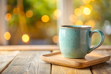 Obraz premium Cozy Coffee Break A Teal Mug on Wooden Tray with Bokeh Background