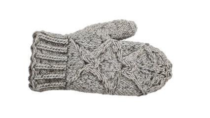 Warm woolen knitted mitten with cable pattern, cozy winter accessory in gray yarn for cold weather comfort and style