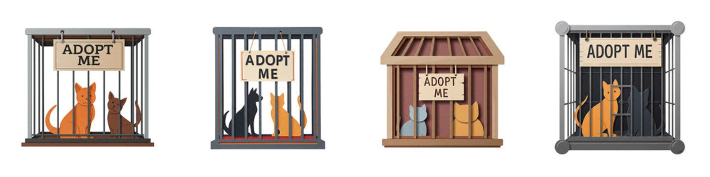 Set of dopt me sign on shelter cage isolated on white background