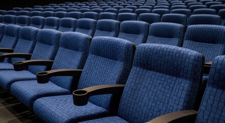 Obraz premium Rows of blue cinema seats in a theater, waiting for an audience to arrive and enjoy a movie.