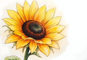 A vivid sunflower stands tall with its radiant yellow petals and dark center, illustrated with meticulous detail, showcasing natures artistry and freshness in a serene atmosphere.