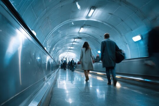 People walking on a metro escalator in a light blue tunnel with a blurred background during a busy commute