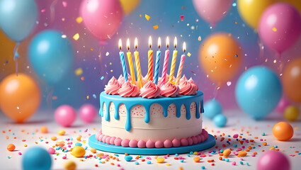 Birthday cake with lit candles and happy birthday celebration dessert illustration