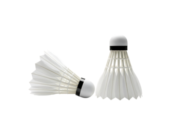 Two white badminton shuttlecocks, isolated on transparent background.