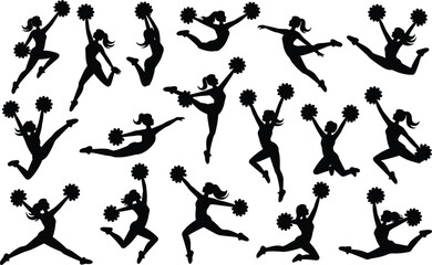 Cheerleader silhouette dance poses, women jumping with pom poms, energetic performance, athletic movement, team spirit, sports cheer, dynamic action, black vector design
