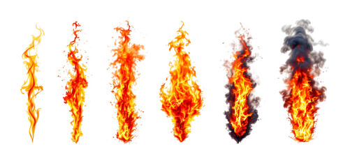 Set of flames and fire with varying intensity isolated on transparent background